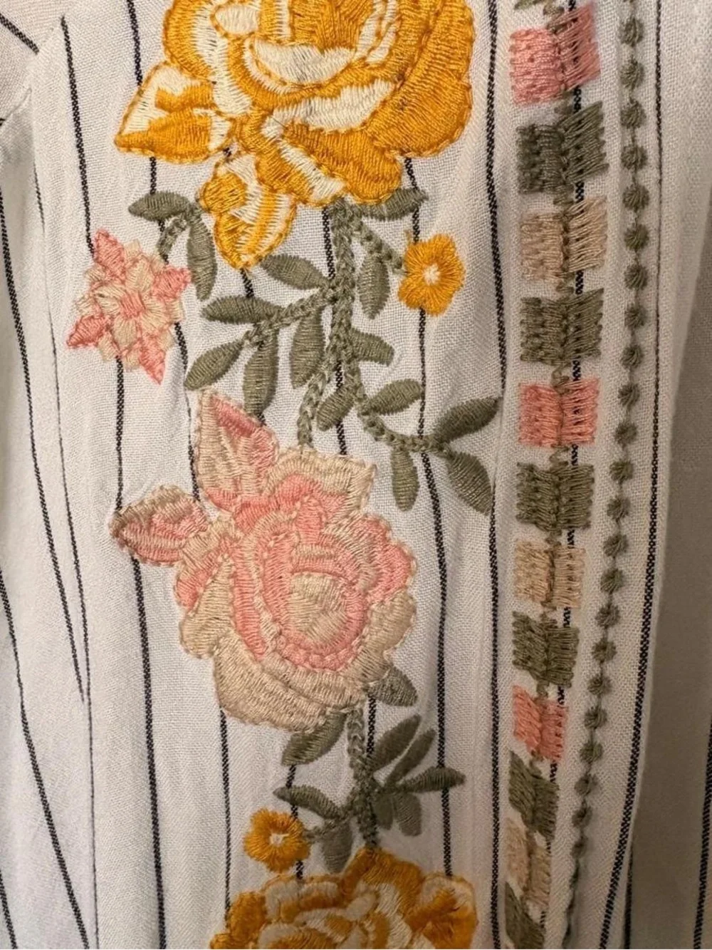 Entro Striped Embroidered Floral Kimono - White with Yellow & Pink Roses L